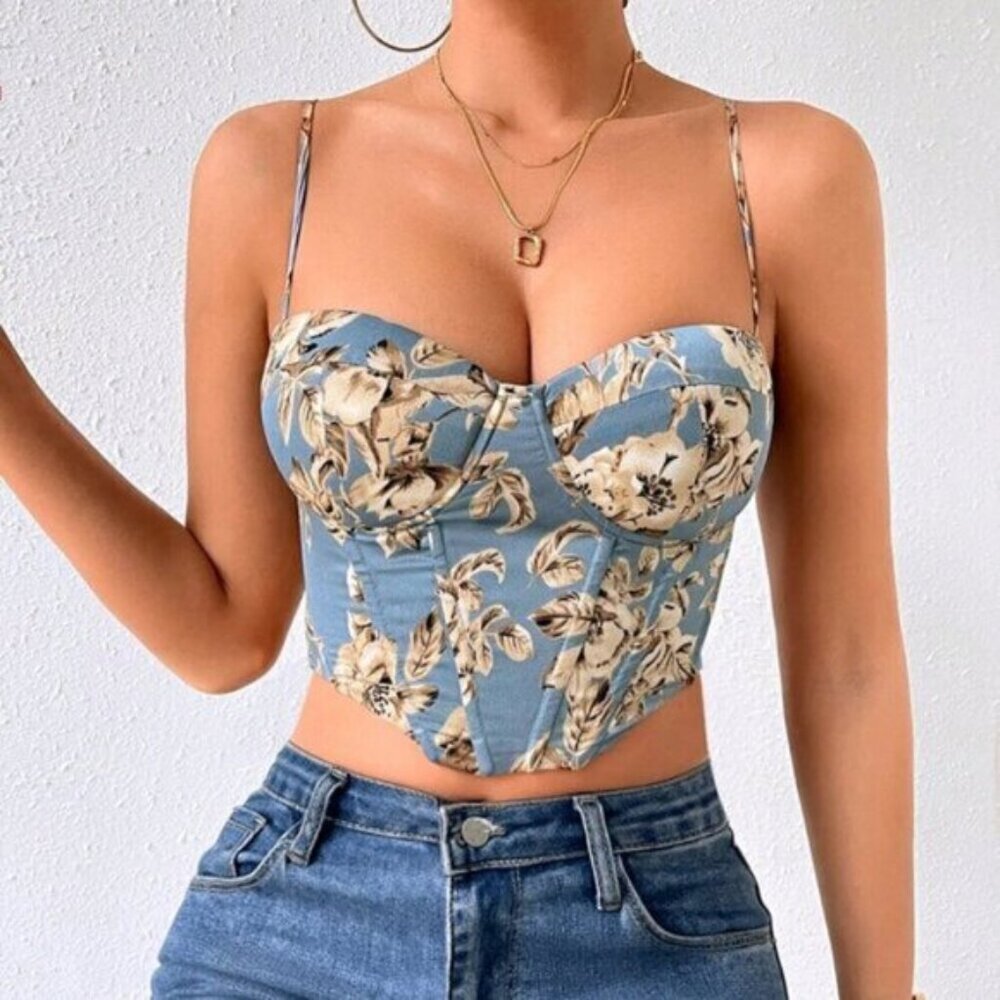 Dusty Blue Boho Women's Floral Print Bustier Cami Top